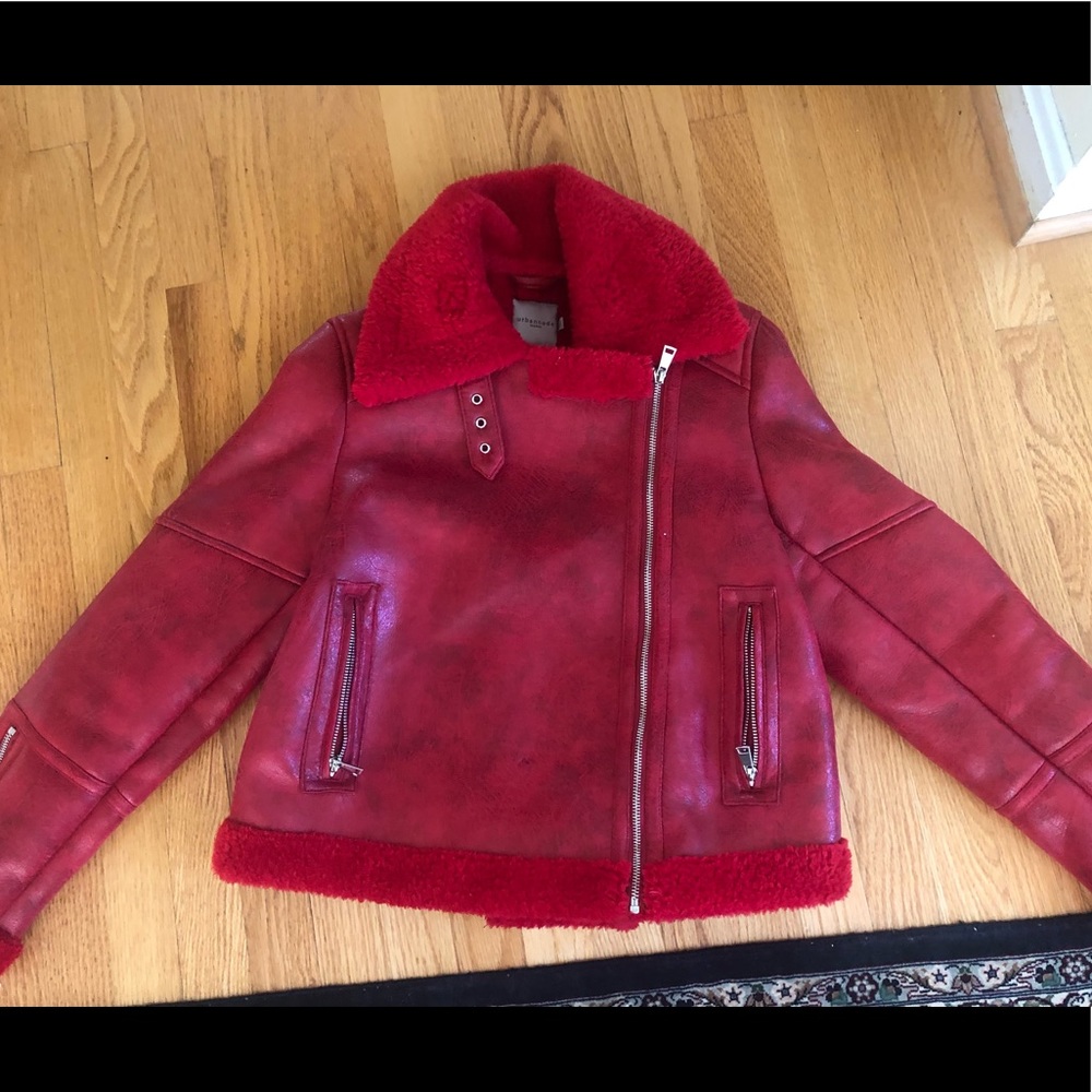 Red faux leather and shearling jacket